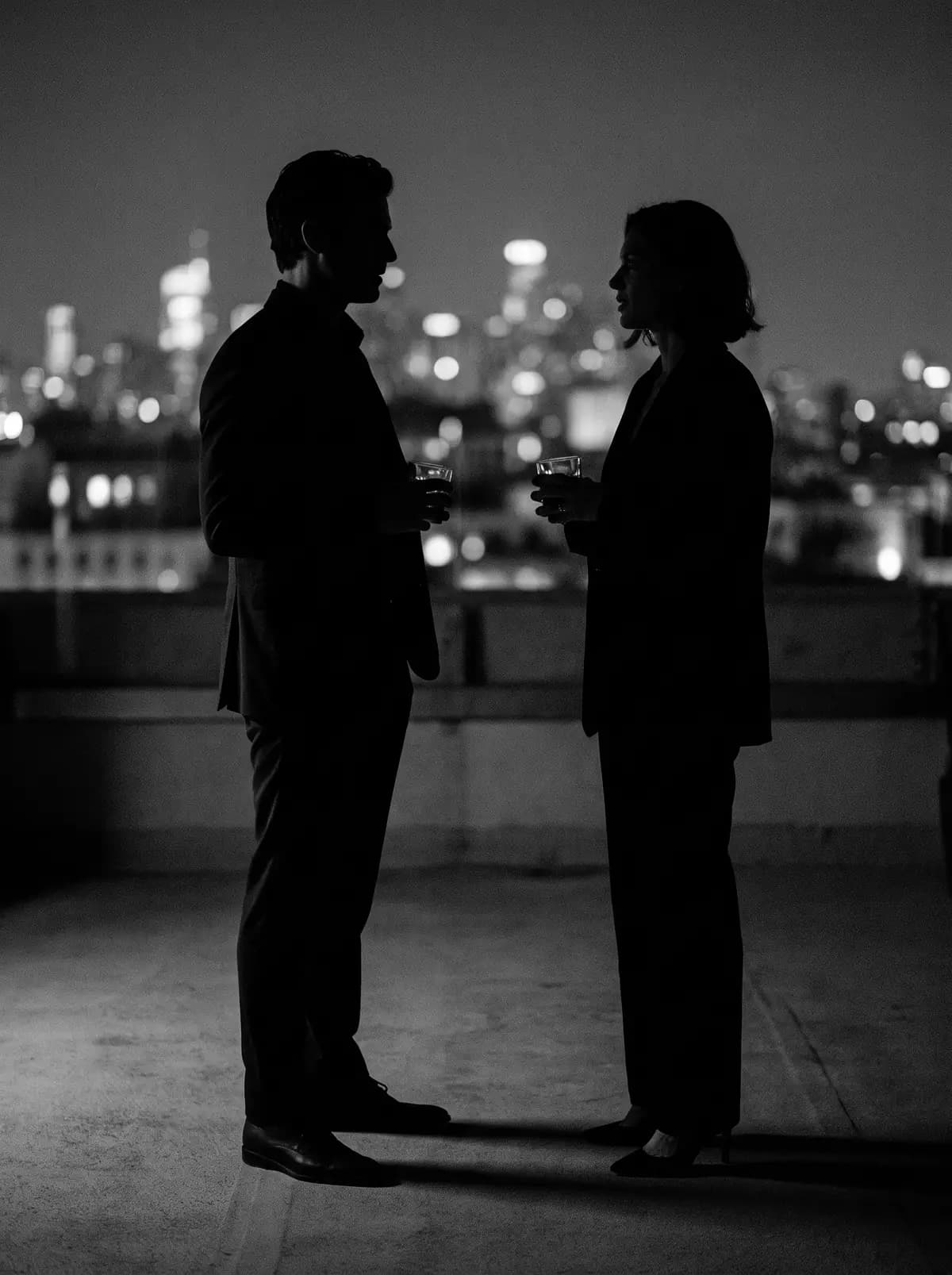A conversation between founders at dusk, black and white